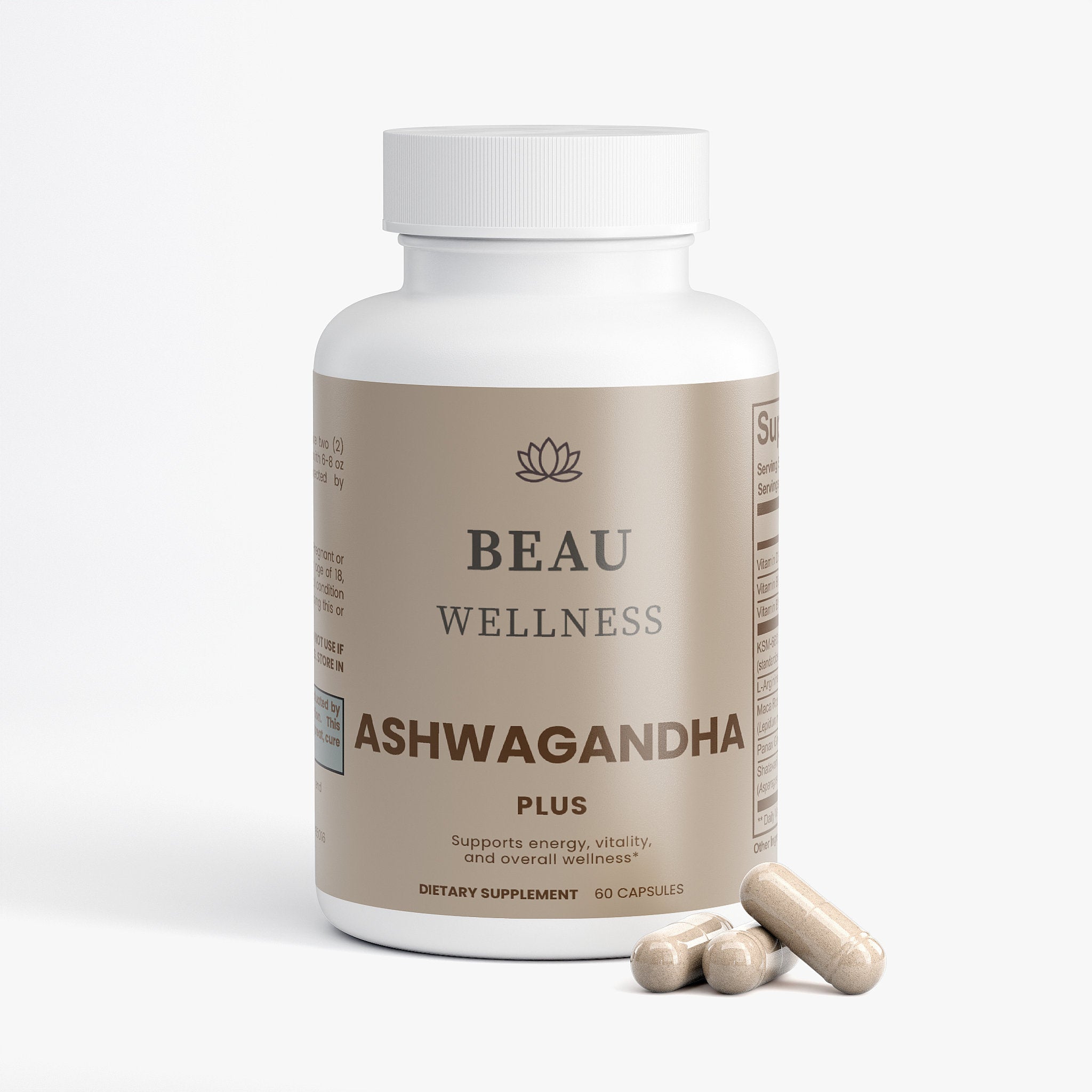 Beau Wellness Ashwagandha Plus Capsules with KSM-66 and Maca Root for Stress Relief on white background.