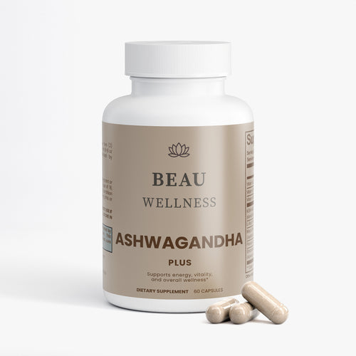 Beau Wellness Ashwagandha Plus Capsules with KSM-66 and Maca Root for Stress Relief on white background.