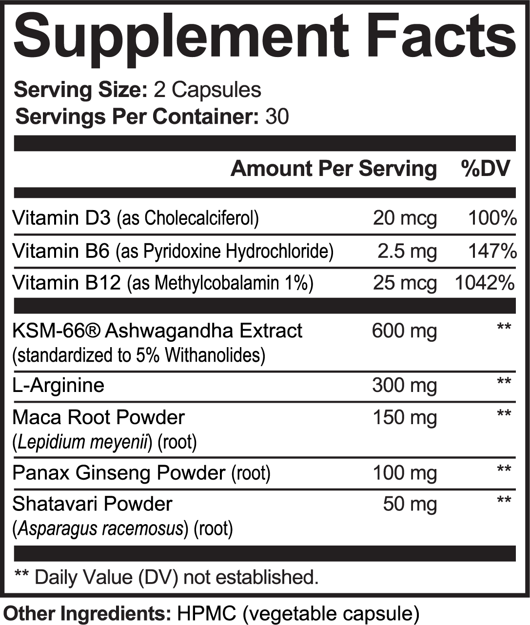 Nutrition facts label of Beau Wellness Ashwagandha Plus Capsules with KSM-66 and Maca Root for Stress Relief on white background.