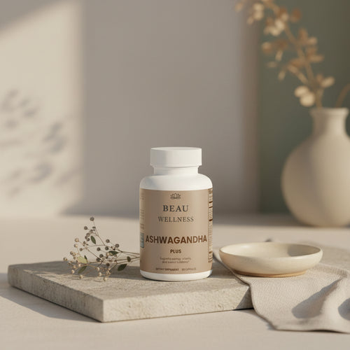 Three bottles of Beau Wellness Ashwagandha Plus Capsules with KSM-66 and Maca Root for Stress Relief on white background.