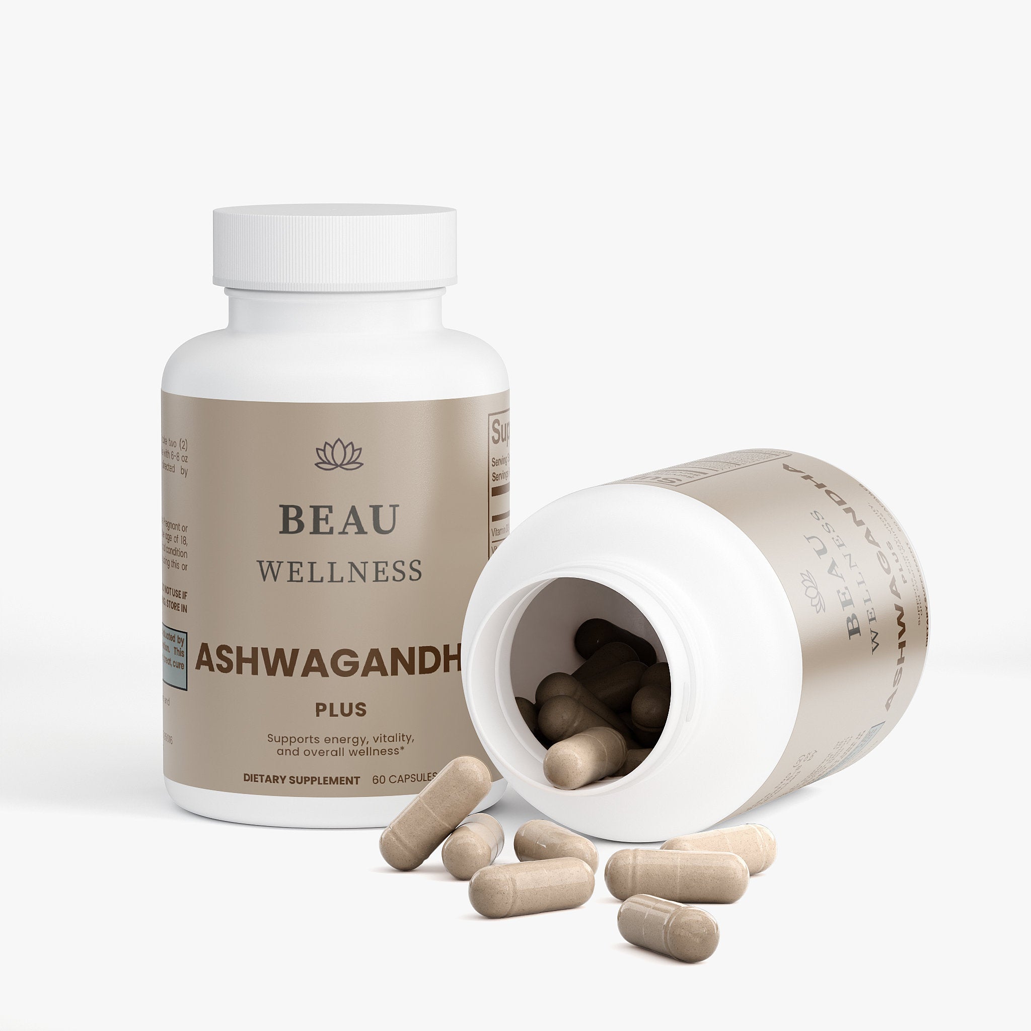 Two bottles of  Beau Wellness Ashwagandha Plus Capsules with KSM-66 and Maca Root for Stress Relief on white background.