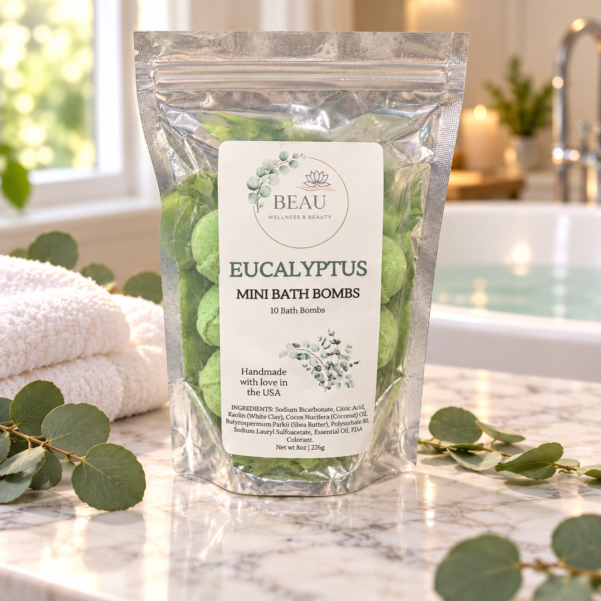 Beau Wellness & Beauty Eucalyptus Mini Bath Bombs, 10-count pouch with coconut oil and shea butter