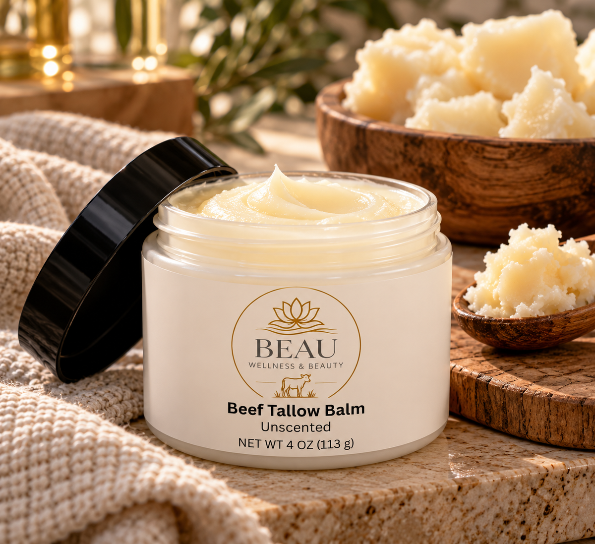 Beau Wellness & Beauty Grass-Fed Beef Tallow Balm, 4 oz, Unscented