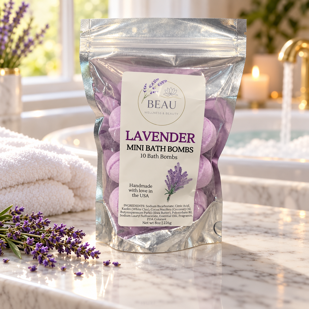 Beau Wellness & Beauty Lavender Mini Bath Bombs, 10-count pouch with coconut oil and shea butter