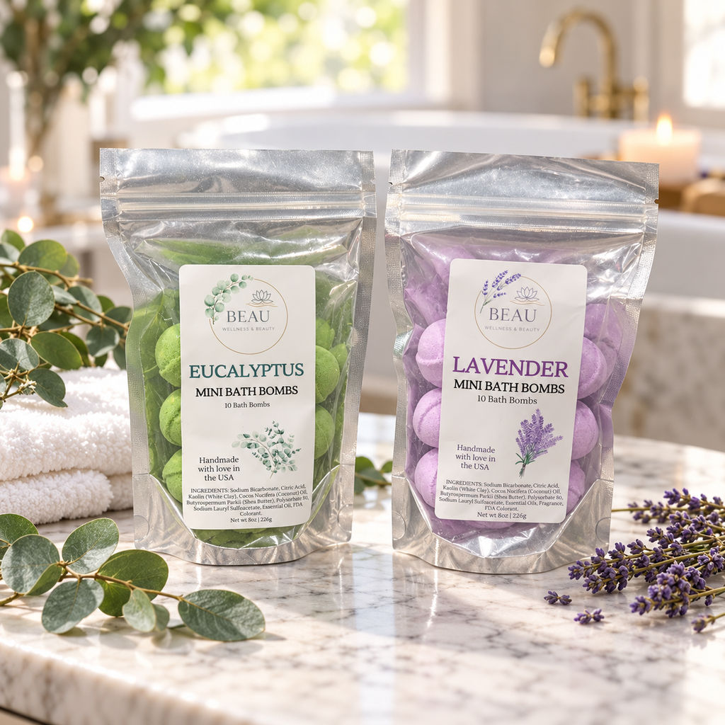 Beau Wellness & Beauty Mini Bath Bombs in Lavender and Eucalyptus, 10-count pouches, handmade in the USA
