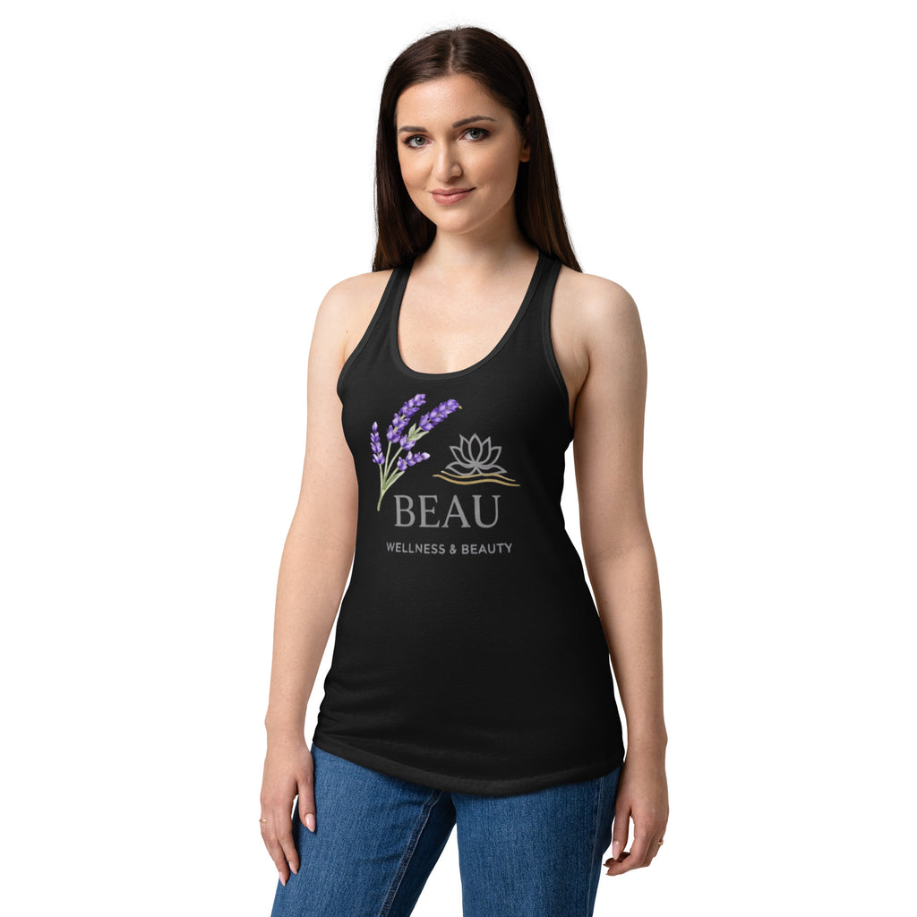 Beau Wellness & Beauty women's fitted racerback tank top in black, front view