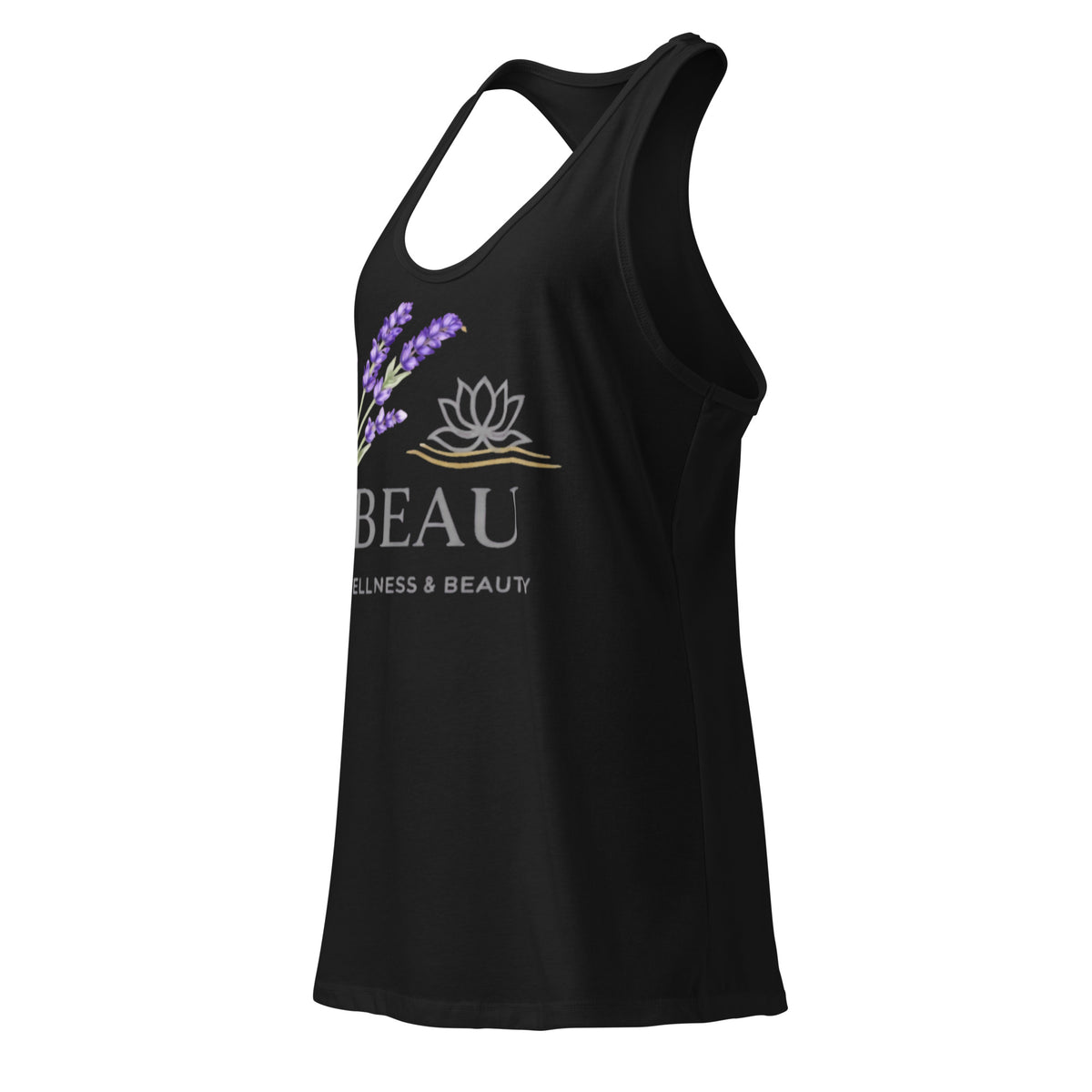 Beau Wellness & Beauty women's fitted racerback tank top in black, angled front view