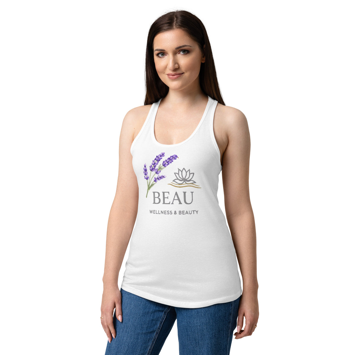 Beau Wellness & Beauty women's fitted racerback tank top in white, front view