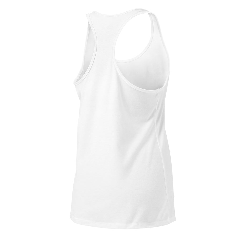 Beau Wellness & Beauty women's fitted racerback tank top in white, angled back view