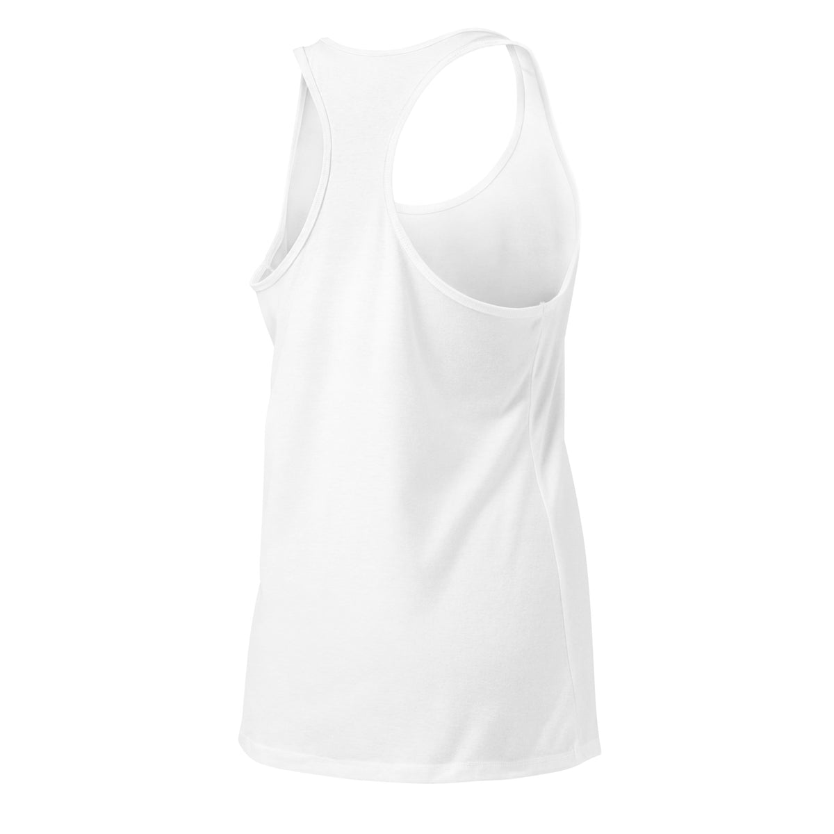 Beau Wellness & Beauty women's fitted racerback tank top in white, angled back view