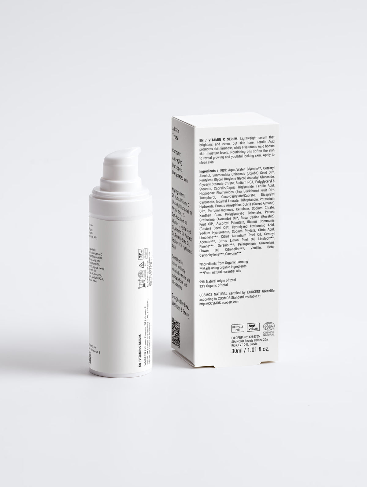 Beau Wellness & Beauty 2% Vitamin C Serum white pump bottle beside its box showing the ingredient list, on a light gray background