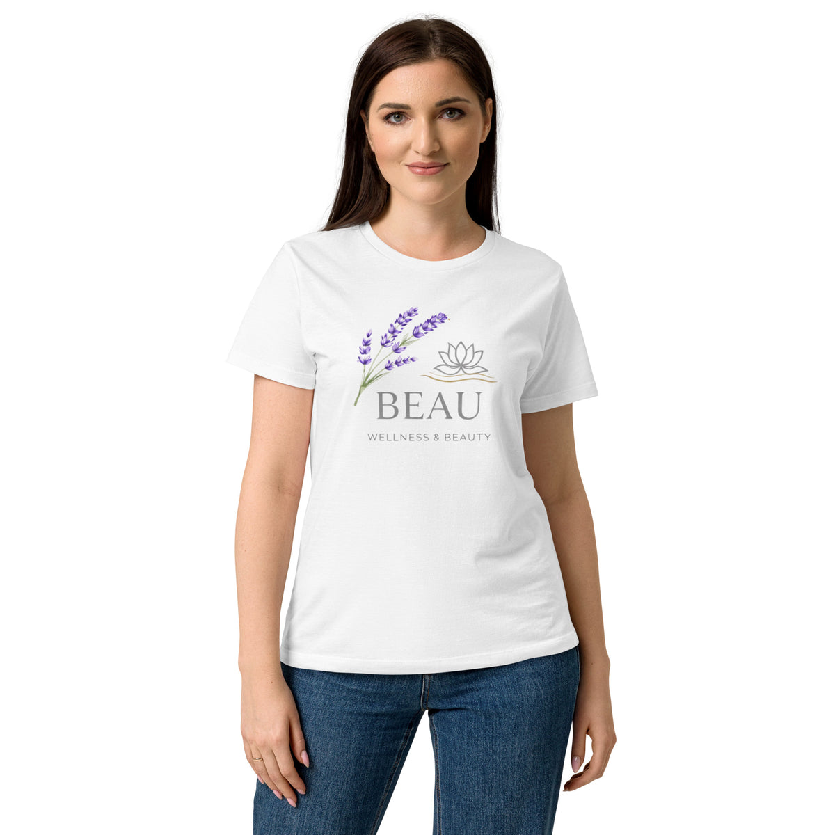 Beau Wellness & Beauty women's softstyle t-shirt in white, front view
