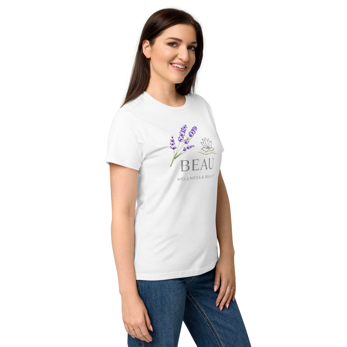 Beau Wellness & Beauty women's softstyle t-shirt in white, angled front view