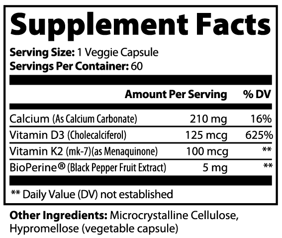 Beau Wellness Bone and Heart Support Capsules with Vitamin D3, K2, and Calcium⁠ Nutrition Facts Label.