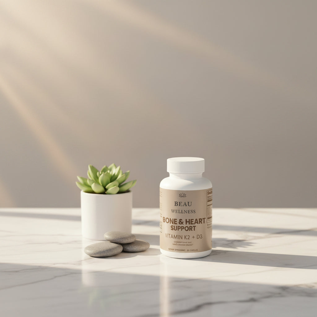 Three bottles of Beau Wellness Bone and Heart Support Capsules with Vitamin D3, K2, and Calcium⁠ on white background.