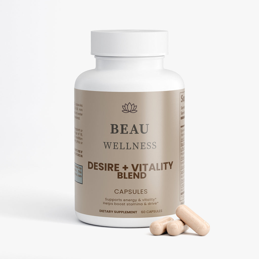 Beau Wellness Desire + Vitality Blend Capsules with Horny Goat Weed and Maca⁠ on white background.
