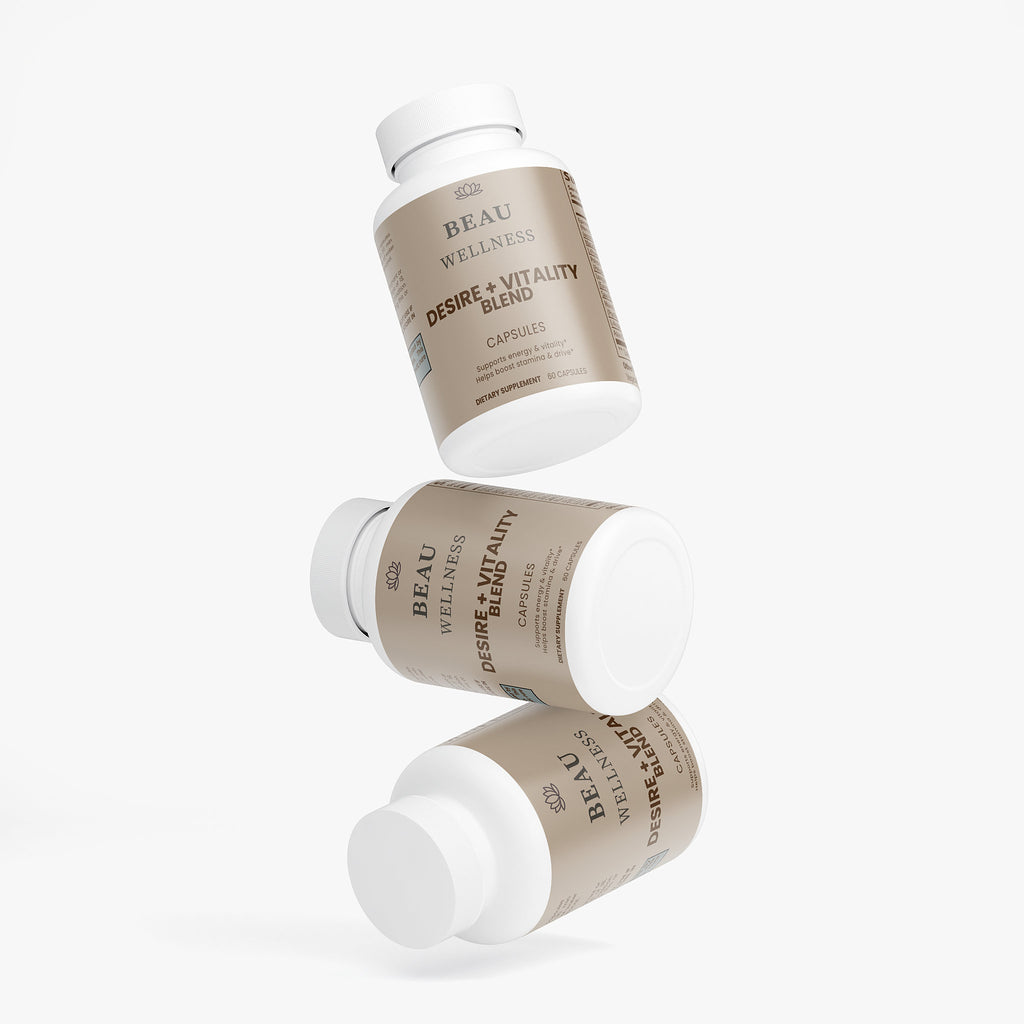 Three bottles of Beau Wellness Desire + Vitality Blend Capsules with Horny Goat Weed and Maca⁠ on white background.