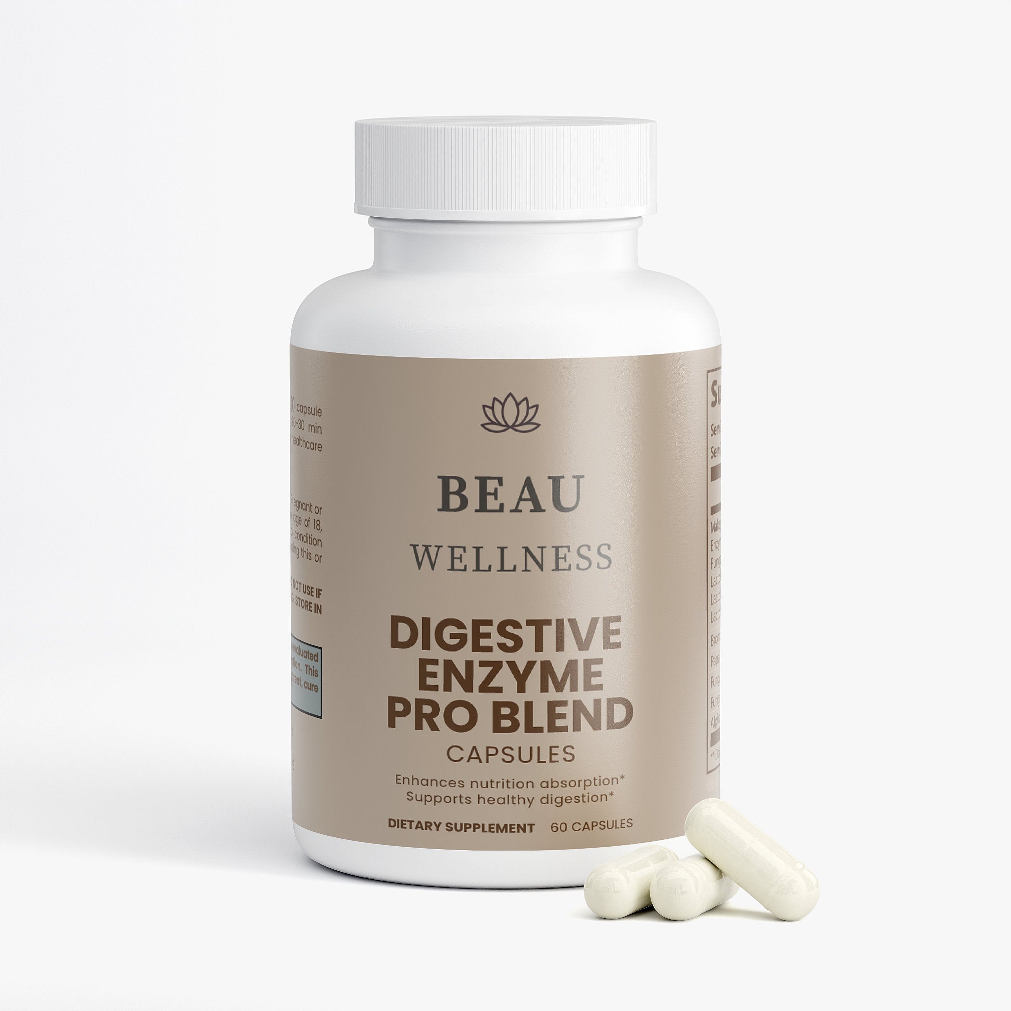Beau Wellness Digestive Enzyme Pro Blend Vegan Capsules with Makzyme-Pro and Probiotics⁠ on white background.