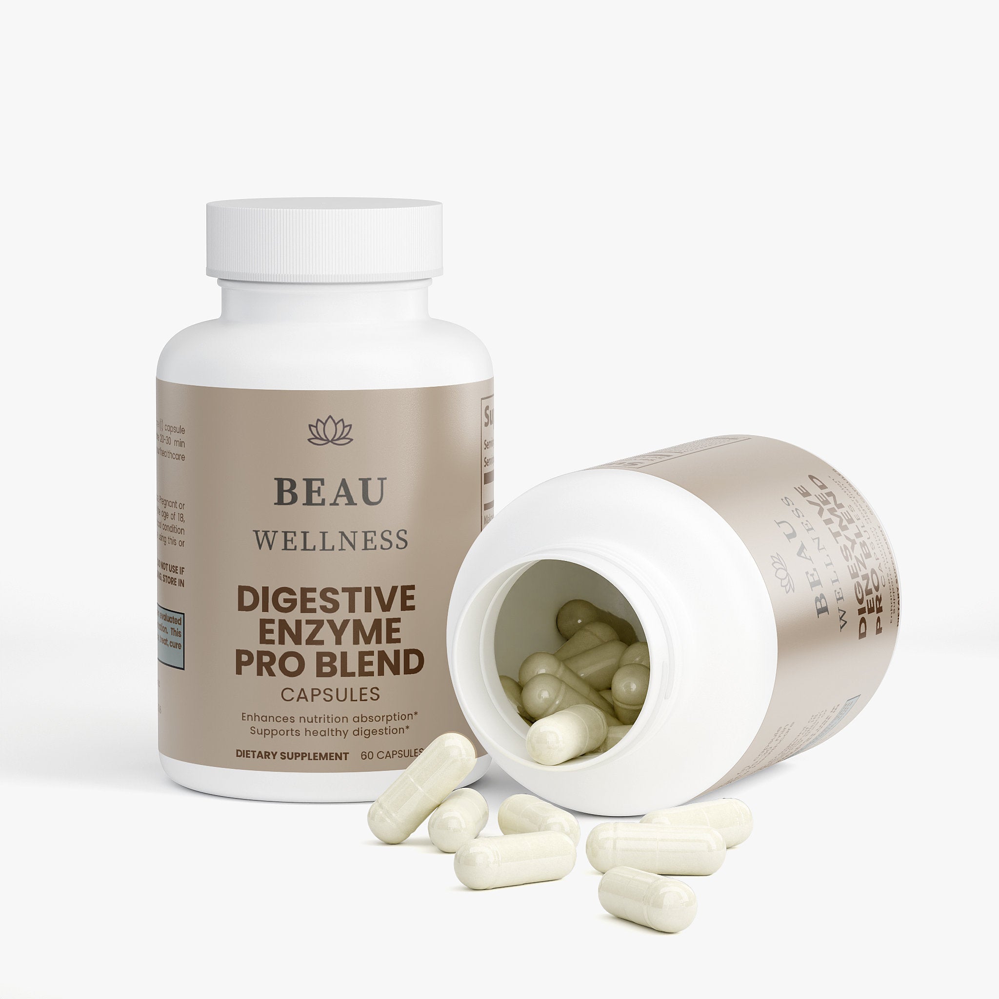 Two bottles of Beau Wellness Digestive Enzyme Pro Blend Vegan Capsules with Makzyme-Pro and Probiotics⁠ on white background.