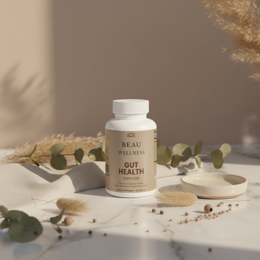 Three bottles of Beau Wellness Gut Health Capsules with Apple Cider Vinegar, Prebiotics, and DigeZyme⁠