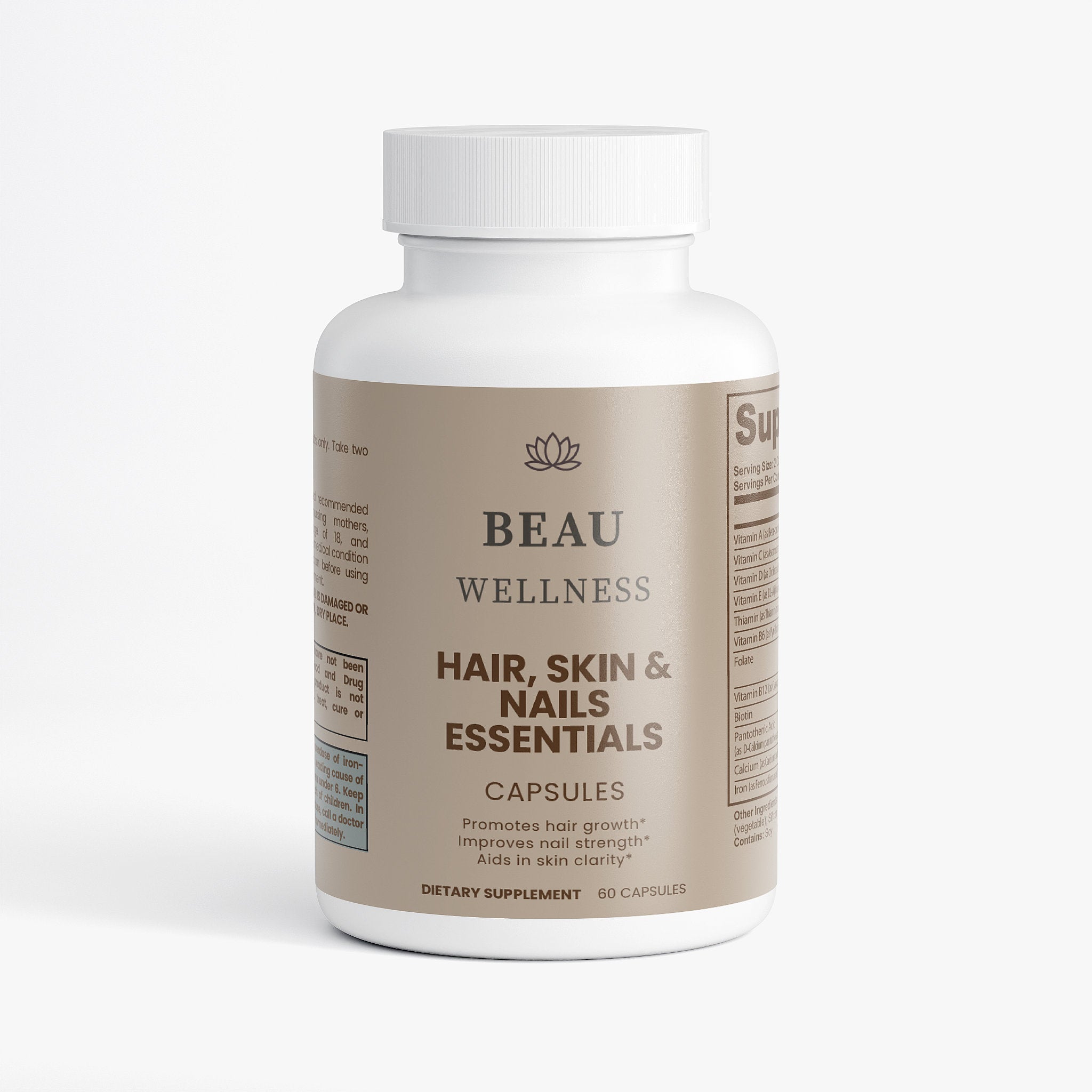 Beau Wellness Hair Skin and Nails Essentials Vegan Capsules with Biotin and Zinc⁠ on white background.