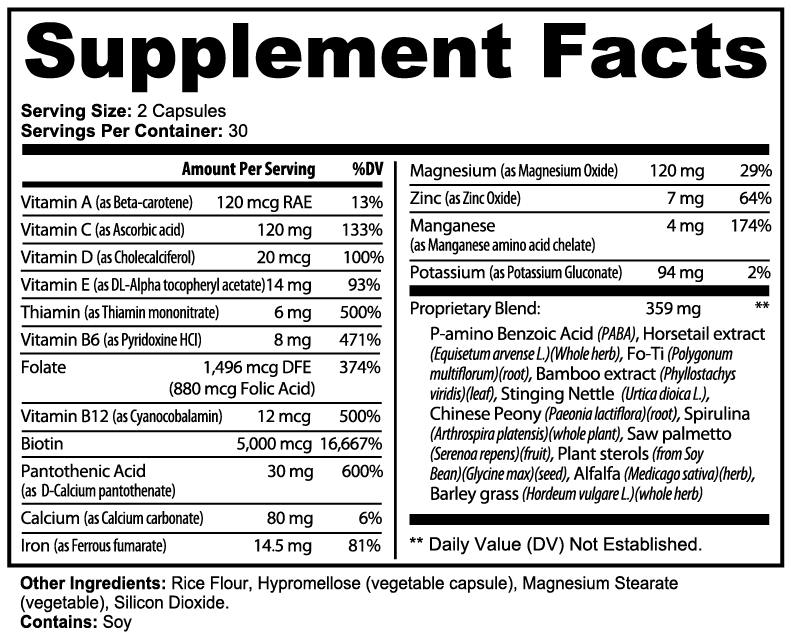 Nutrition facts label of Beau Wellness Hair Skin and Nails Essentials Vegan Capsules with Biotin and Zinc⁠.