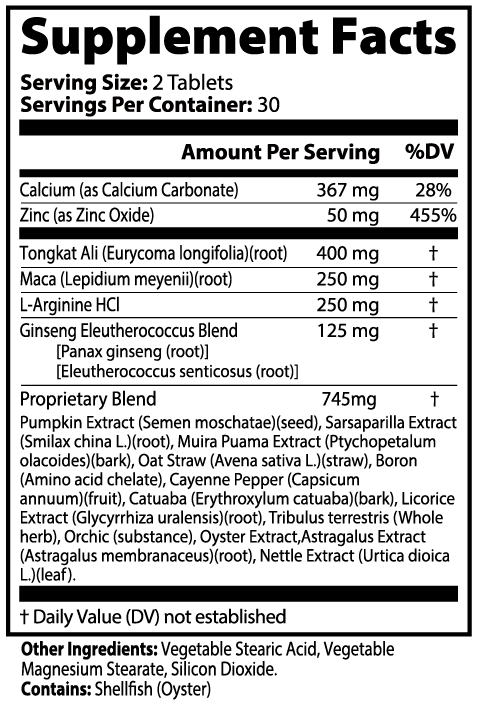 Nutrition facts label for ⁠Beau Wellness Men's Vitality pills with Tongkat Ali, Maca, and Zinc for Stamina⁠