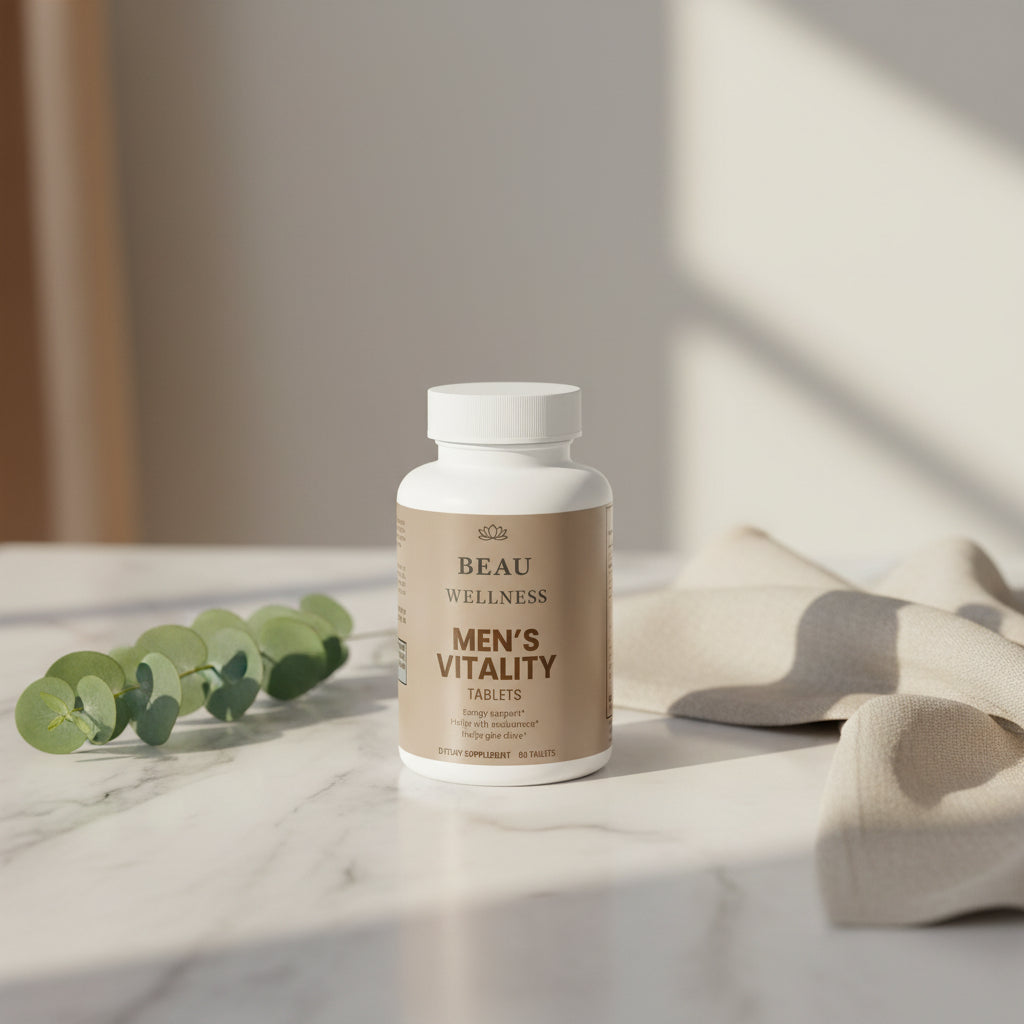 Three bottles of ⁠Beau Wellness Men's Vitality Capsules with Tongkat Ali, Maca, and Zinc for Stamina⁠ on white background.
