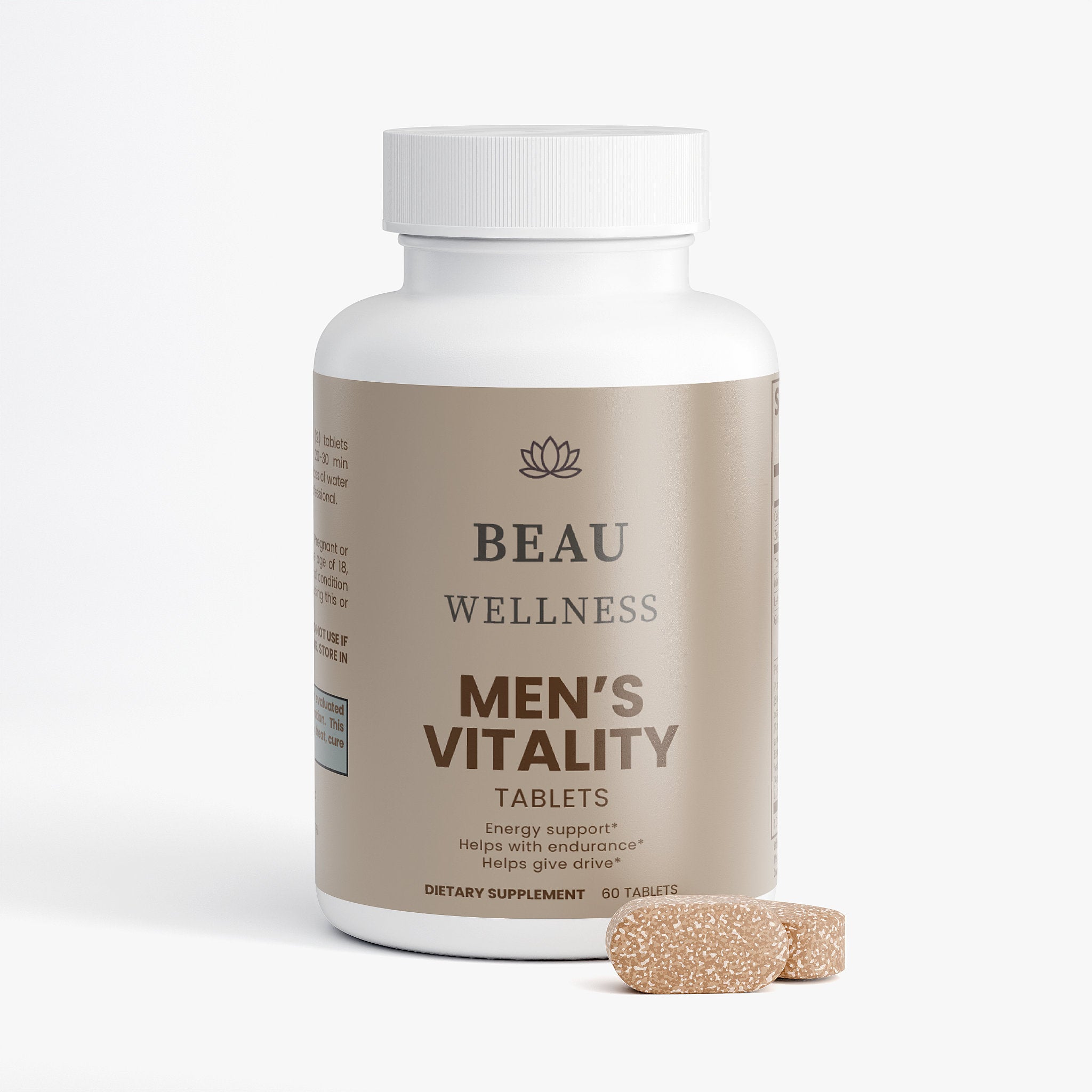 ⁠Beau Wellness Men's Vitality pills with Tongkat Ali, Maca, and Zinc for Stamina⁠ on white background.