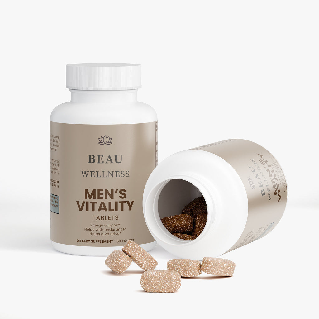 Two bottles Beau Wellness Men's Vitality pills with Tongkat Ali, Maca, and Zinc for Stamina⁠ on white background.