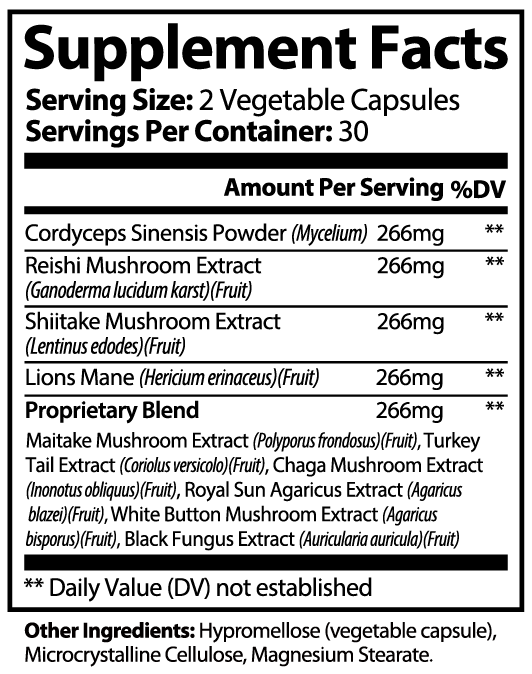 Beau Wellness Mushroom Complex 10X capsules with Lion's Mane, Reishi, Cordyceps, Chaga and Turkey Tail for brain function, immune support and adaptogenic wellness – vegan, non-GMONutrition Facts Label.