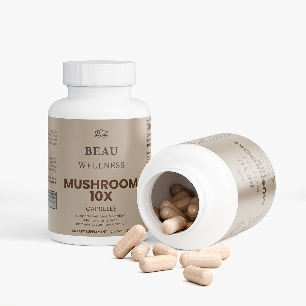 Two bottles of Beau Wellness Mushroom Complex 10X capsules with Lion's Mane, Reishi, Cordyceps, Chaga and Turkey Tail for brain function, immune support and adaptogenic wellness – vegan, non-GMO on white background.
