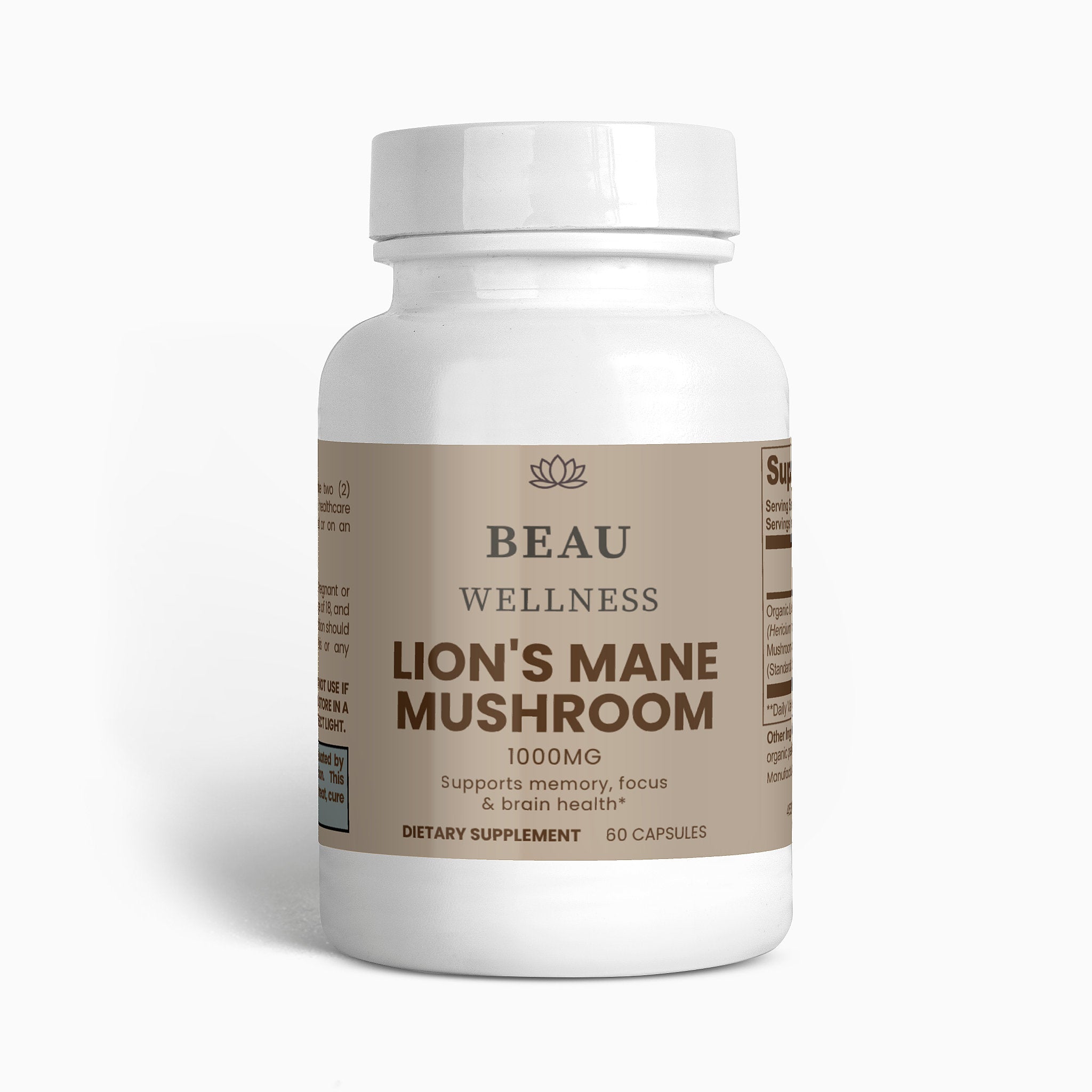 Beau Wellness Organic Lions Mane Mushroom Vegan Capsules for Focus and Memory⁠ on white background.
