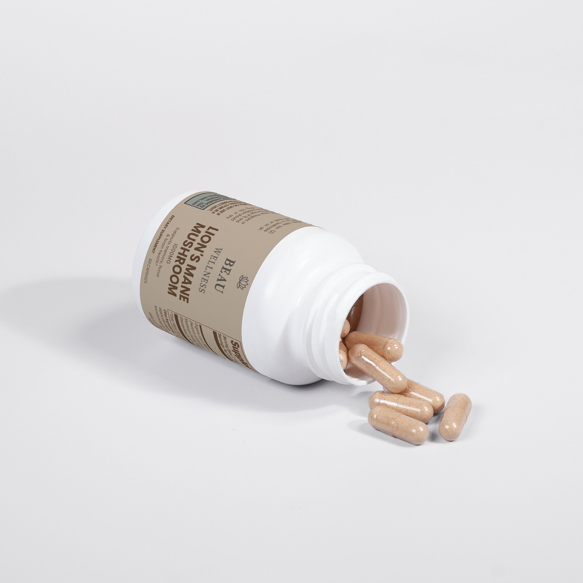 Beau Wellness Organic Lions Mane Mushroom Vegan Capsules for Focus and Memory⁠ with capsules falling out on white background.