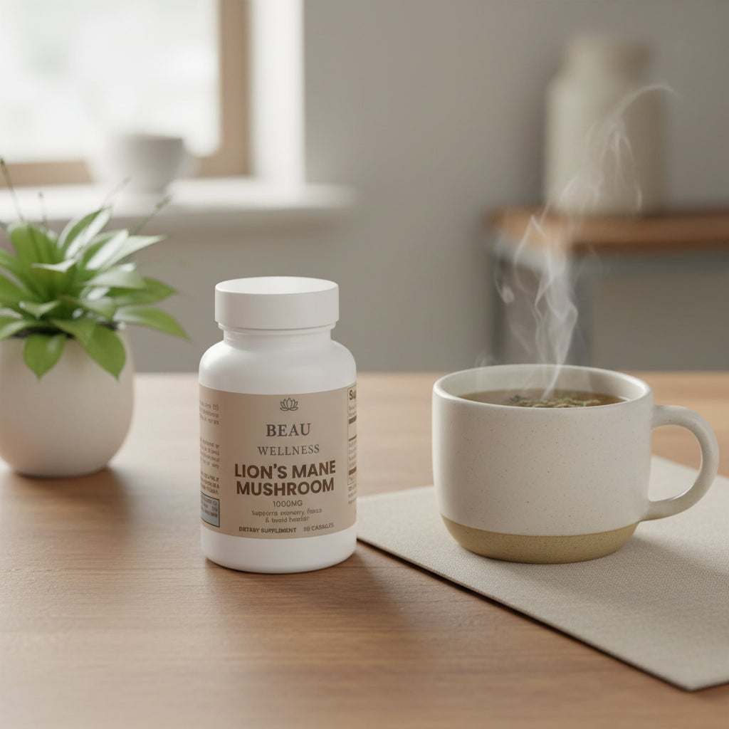 Beau Wellness Organic Lions Mane Mushroom Vegan Capsules for Focus and Memory⁠ on white background.