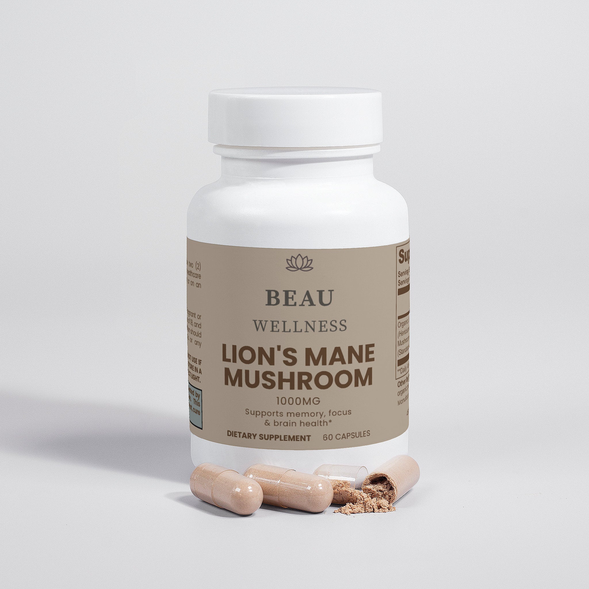 Beau Wellness Organic Lions Mane Mushroom Vegan Capsules for Focus and Memory⁠ on white background.