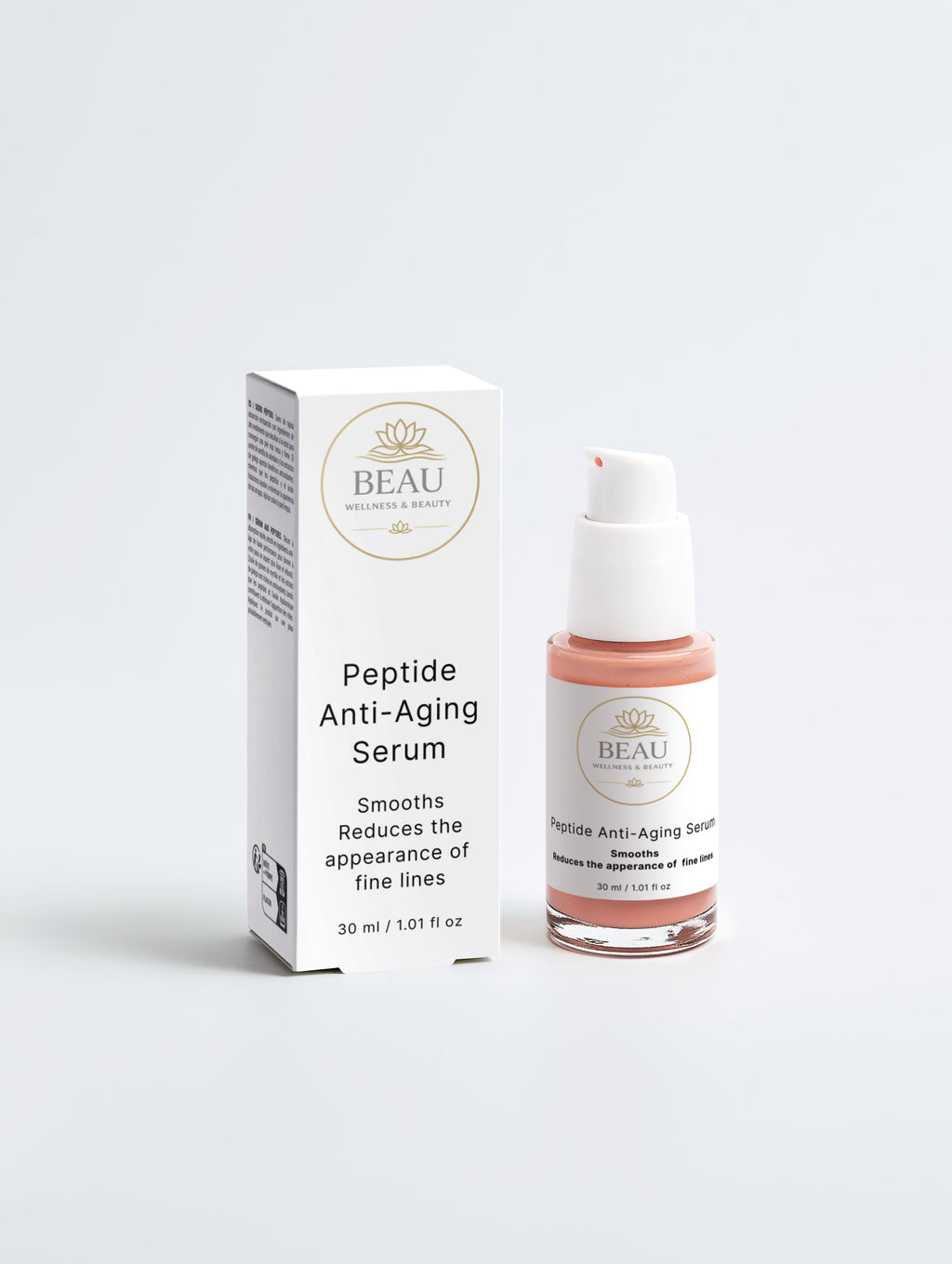 Beau Wellness & Beauty Peptide Anti-Aging Serum dropper bottle and box – Firming face serum with Peptides and Hyaluronic Acid.
