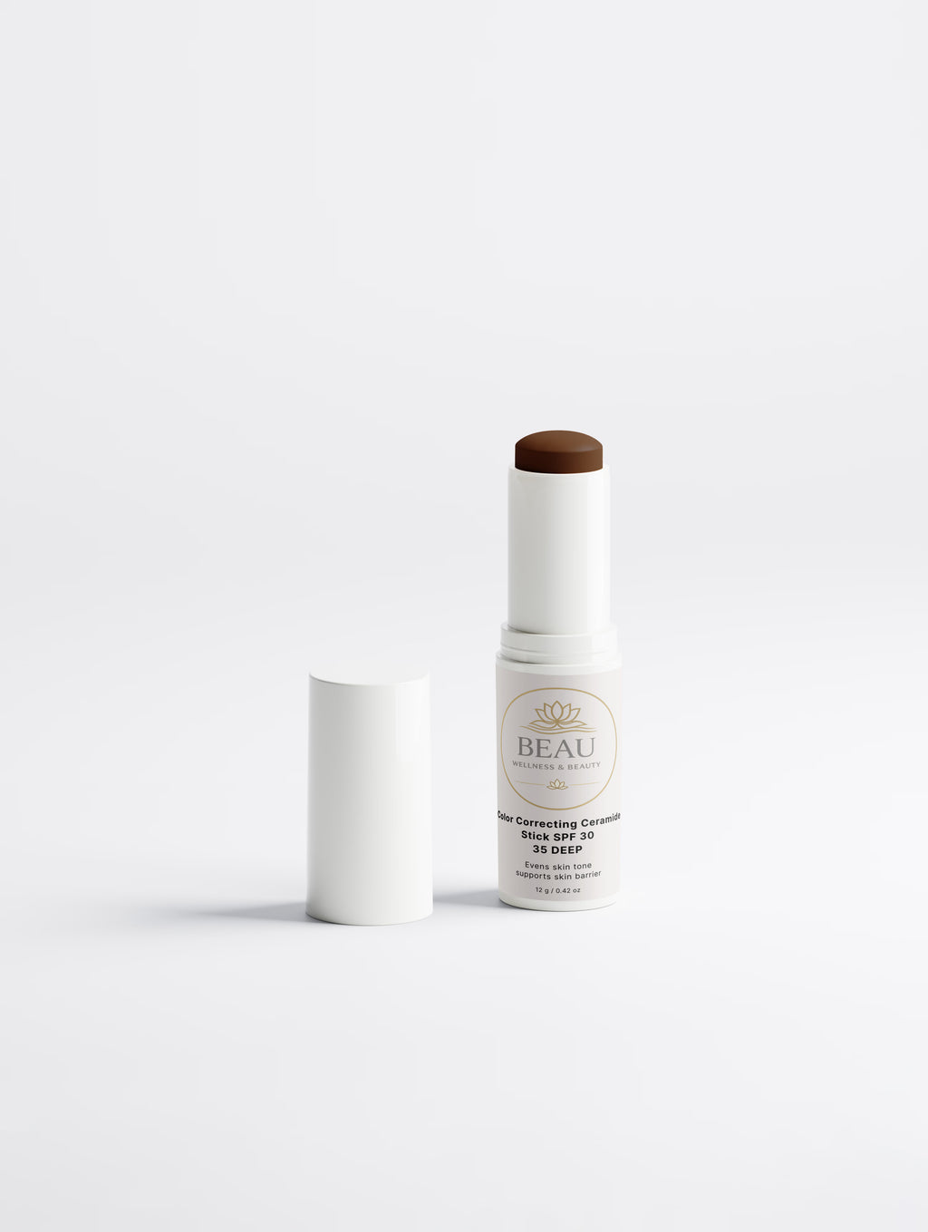 Beau Beauty CC Cream Correcting Ceramide Stick  white cosmetic stick with white top on a light gray background
