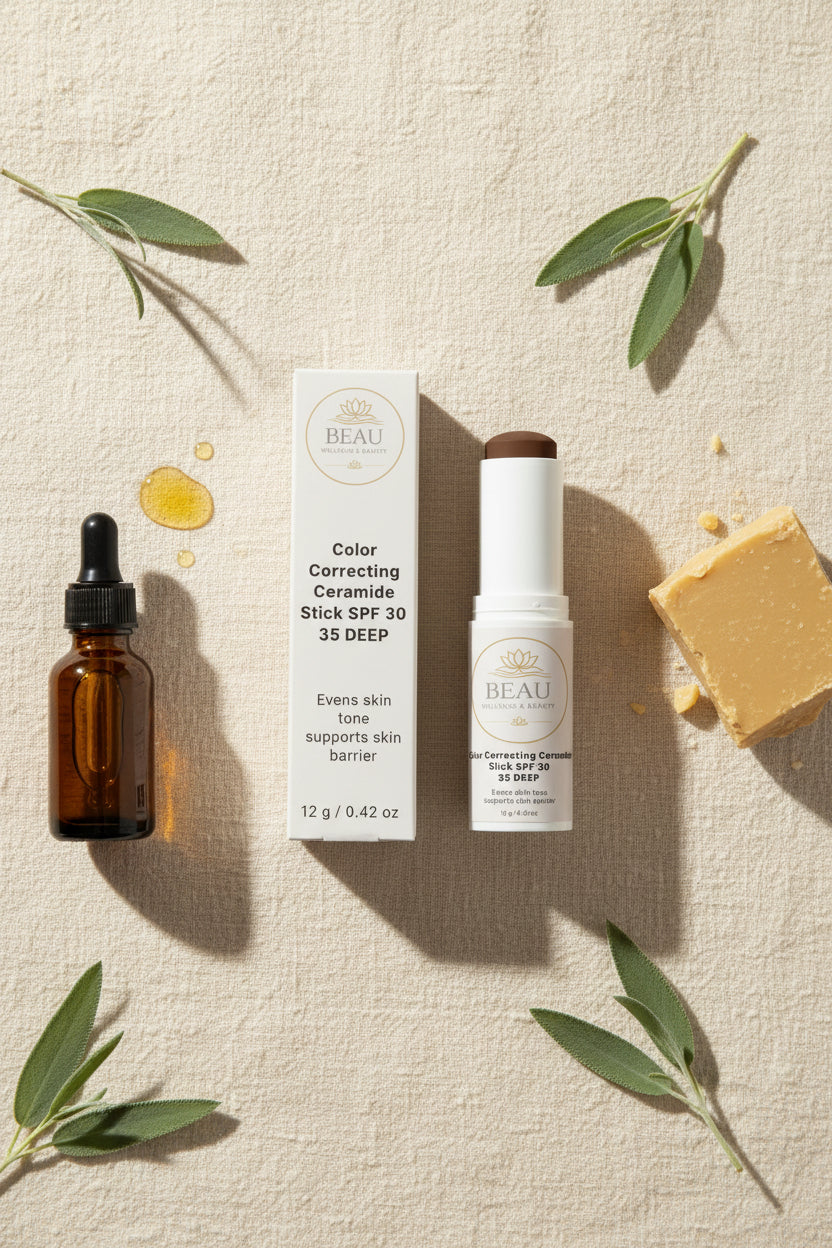 Beau Beauty CC Cream Color Correcting Ceramide Stick SPF 30 in 35 Deep next to packaging on a textured background with natural botanicals.