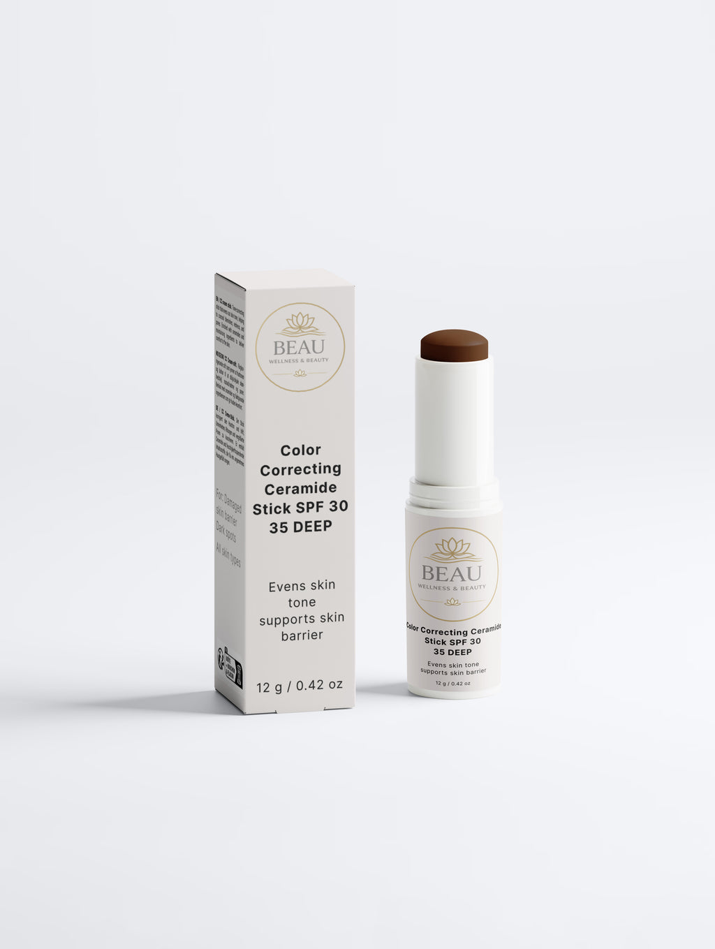Beau Beauty CC Cream Color Correcting Ceramide Stick SPF 30 shade 35 deep and packaging on a white background