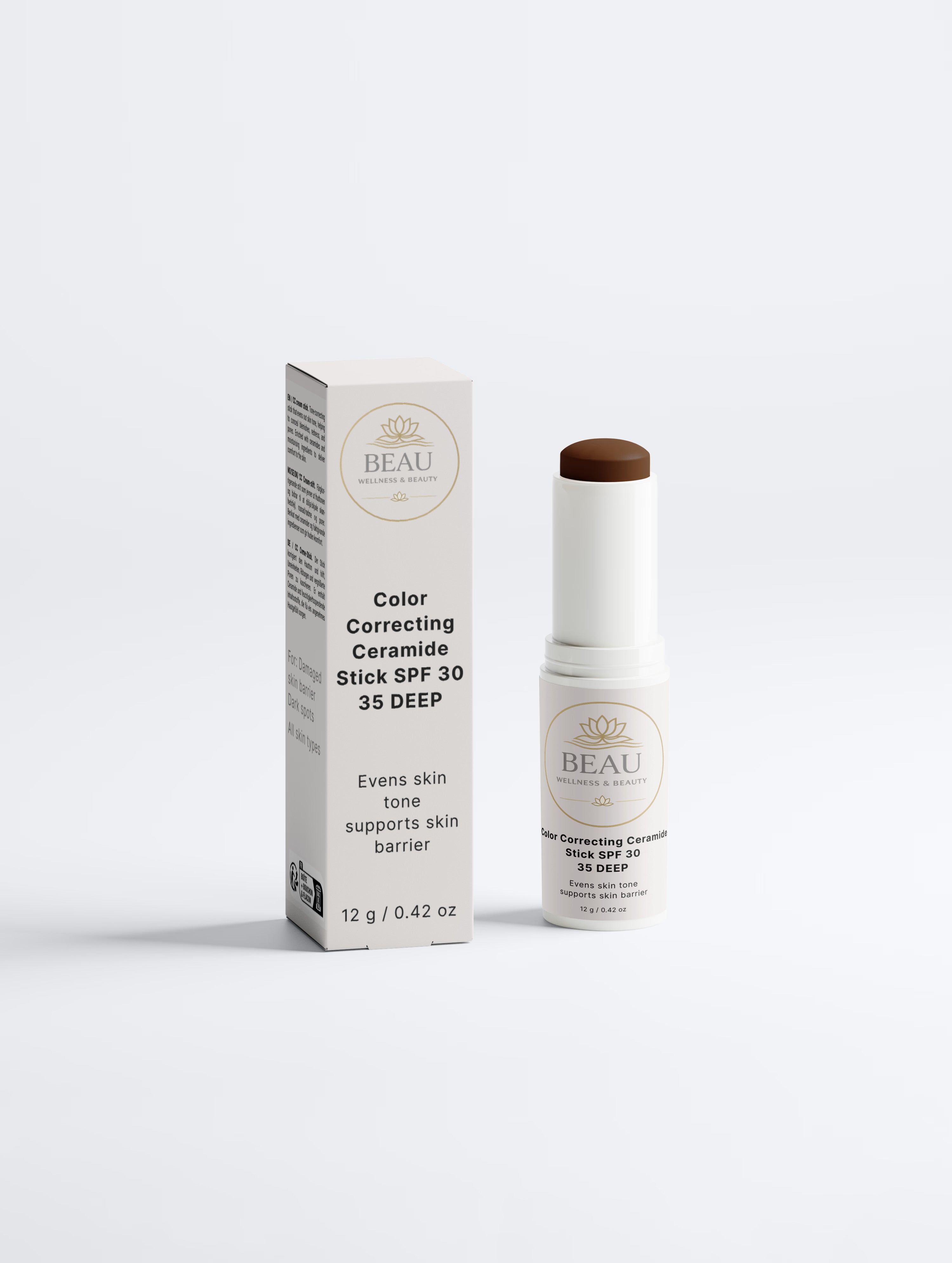 Beau Beauty CC Cream Color Correcting Ceramide Stick SPF 30 shade 35 deep and packaging on a white background