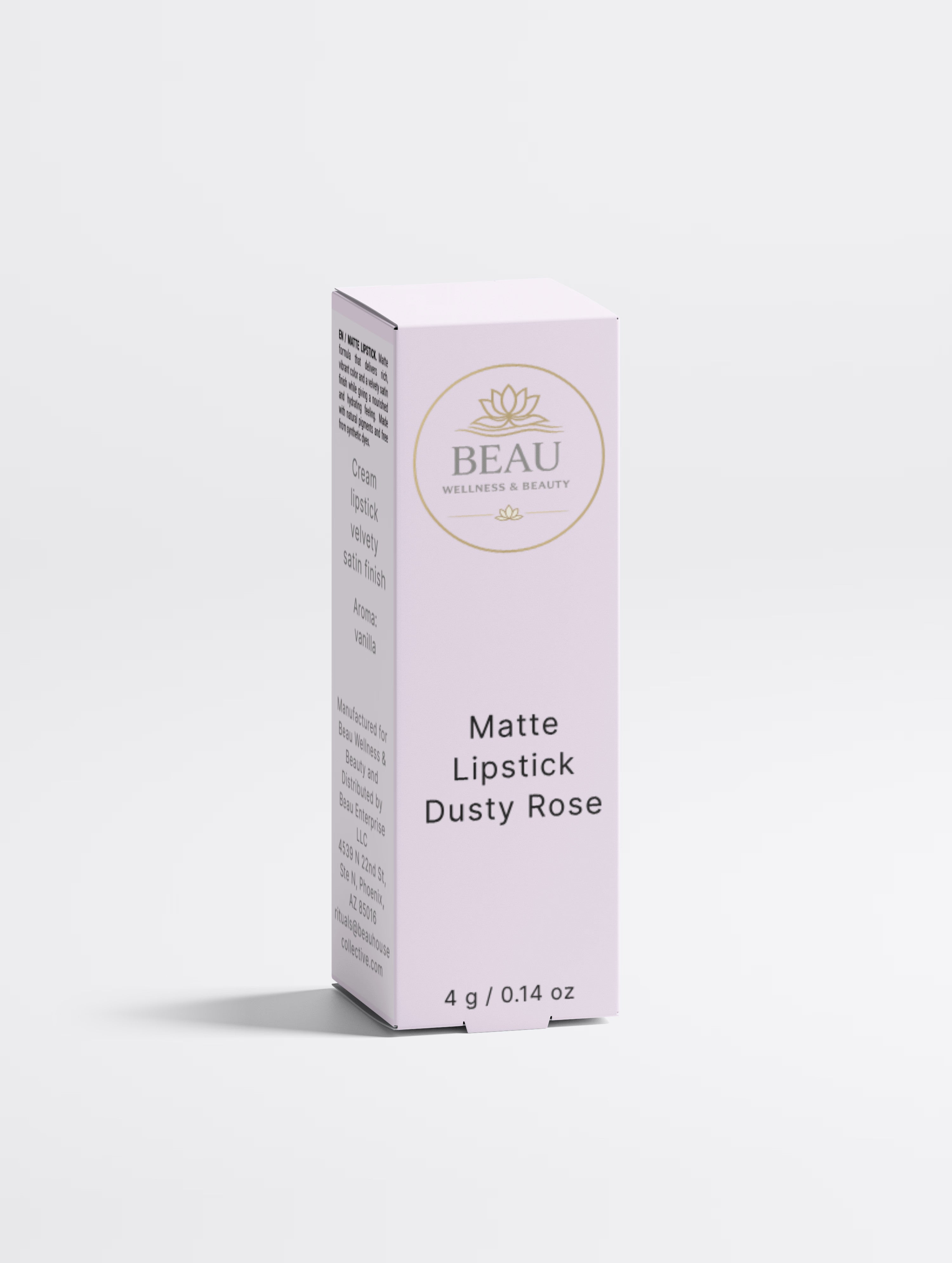 Vegan Matte Dusty Rose Lipstick lavender packaging with 'BEAU' wellness & beauty branding on a white background