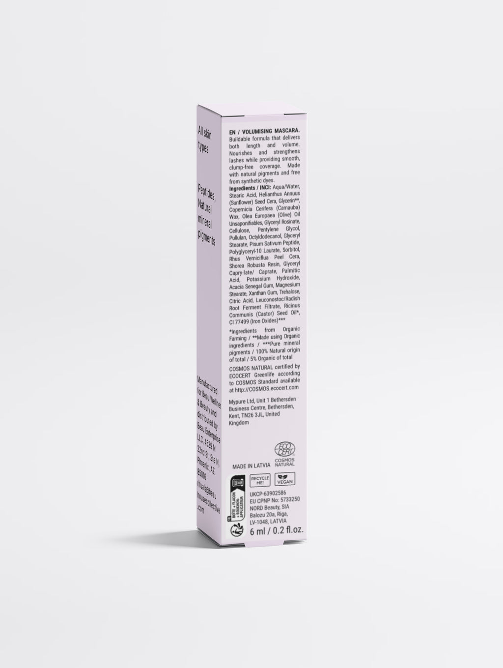 Tall lavender box of Beau Wellness & Beauty peptide infused lengthening and volumizing mascara with text on a light gray background