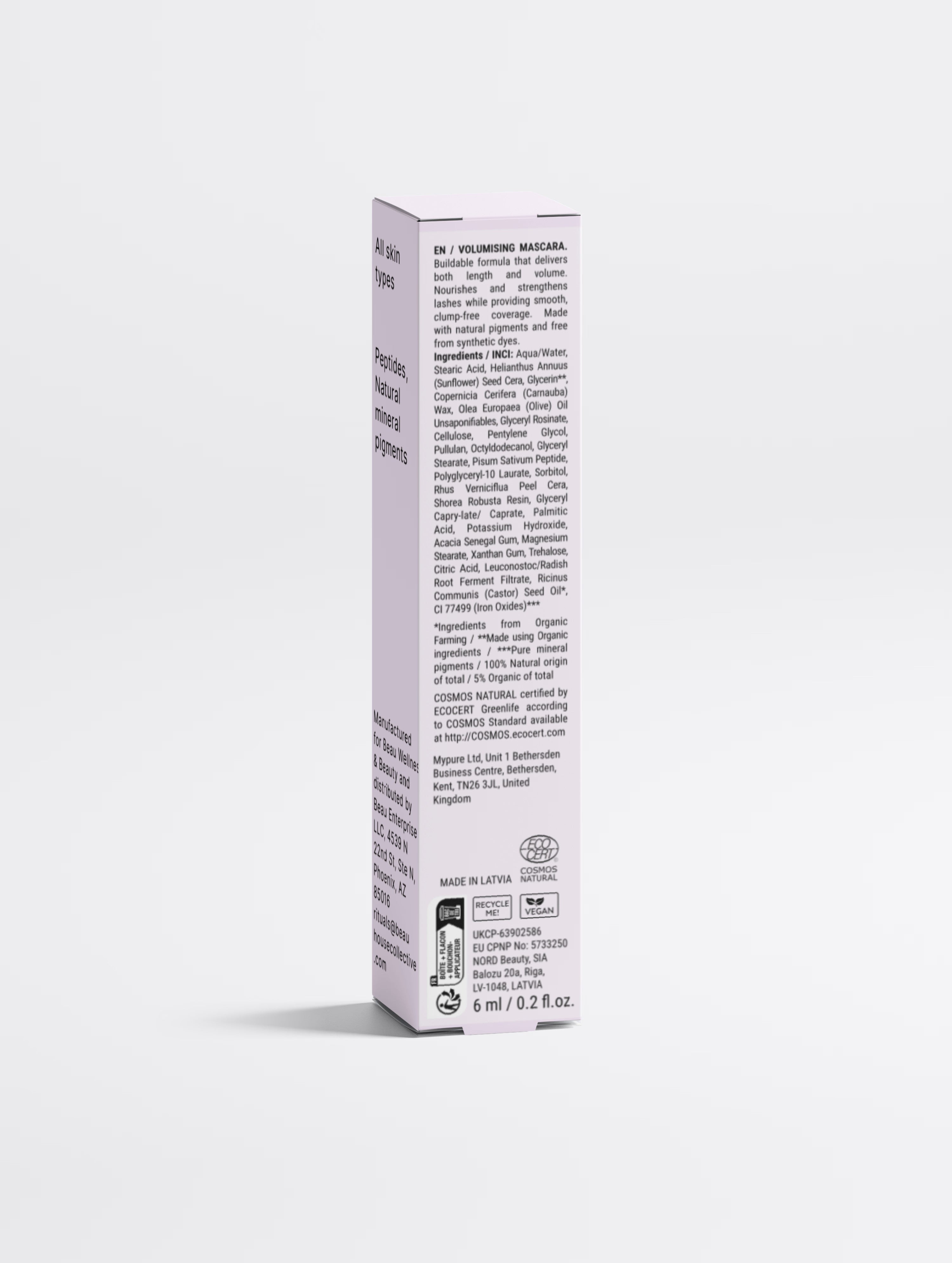 Tall lavender box of Beau Wellness & Beauty peptide infused lengthening and volumizing mascara with text on a light gray background