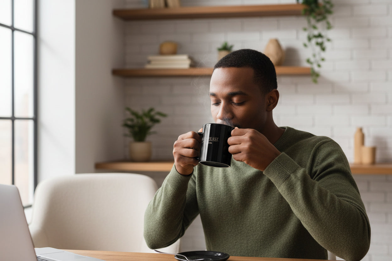 Man drinking from a Beau House Collective Black glossy mug in front of his laptop.