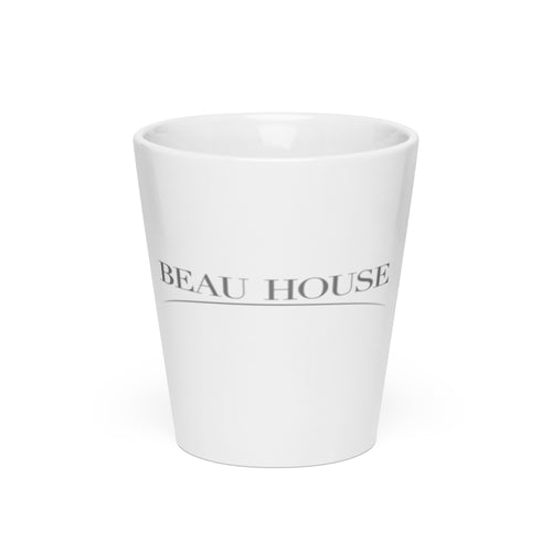 Beau House Signature Latte Mug in white ceramic, showing the minimalist black 'BEAU HOUSE' brand name printed across the front.⁠