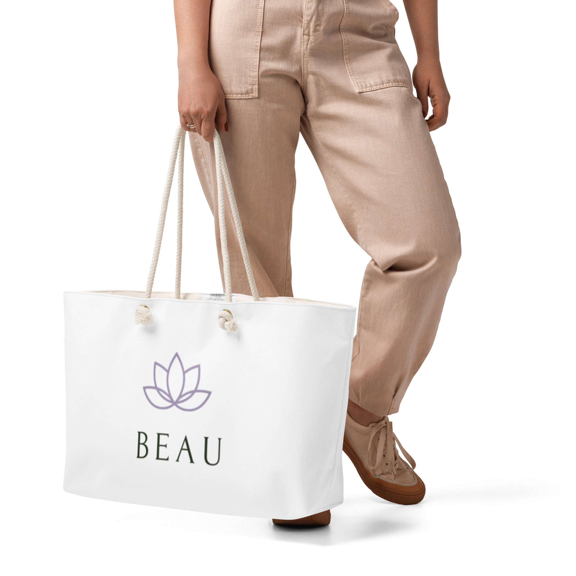 White oversized travel weekender tote bag featuring the Beau House Collective lotus logo design and durable cotton rope handles, shown on a clean studio background.⁠