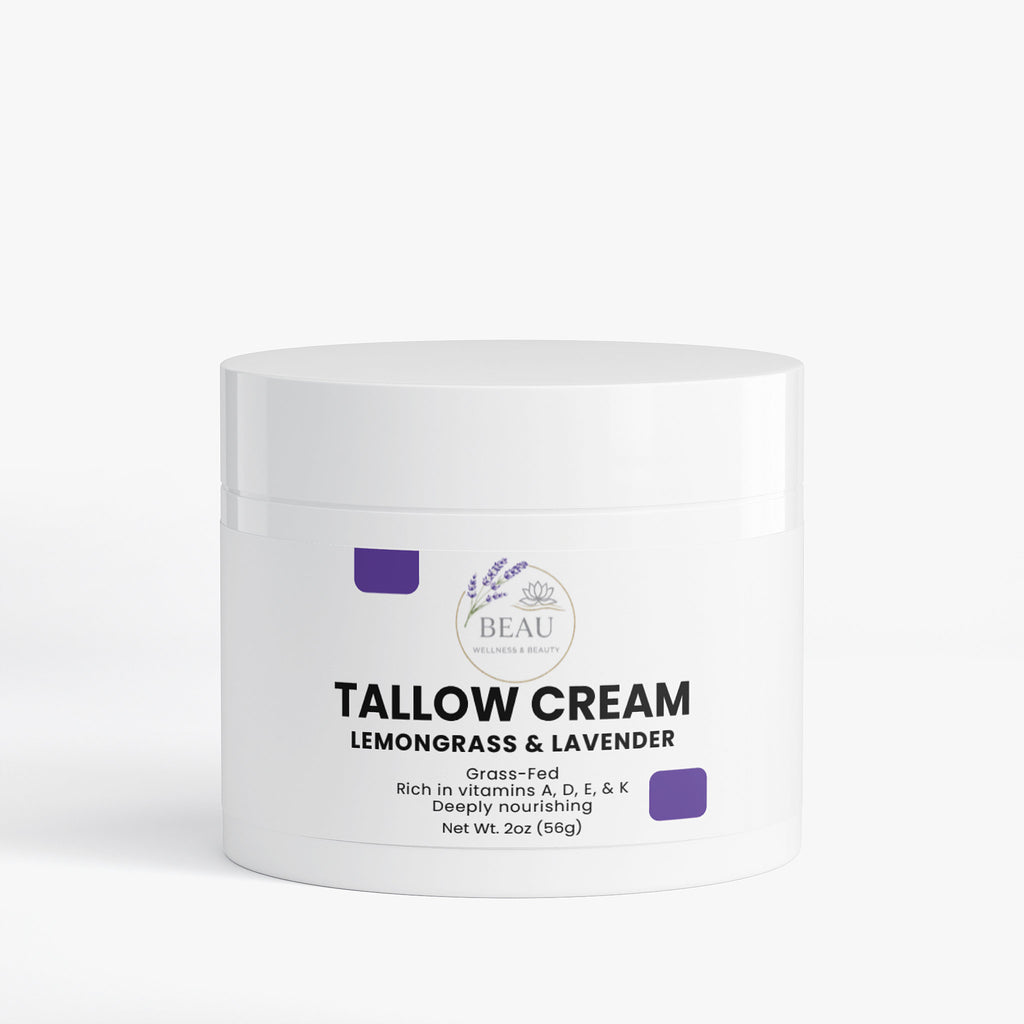Beau Wellness & Beauty tallow cream with lemongrass & lavender in a 2oz container with 'BEAU' branding on a white background