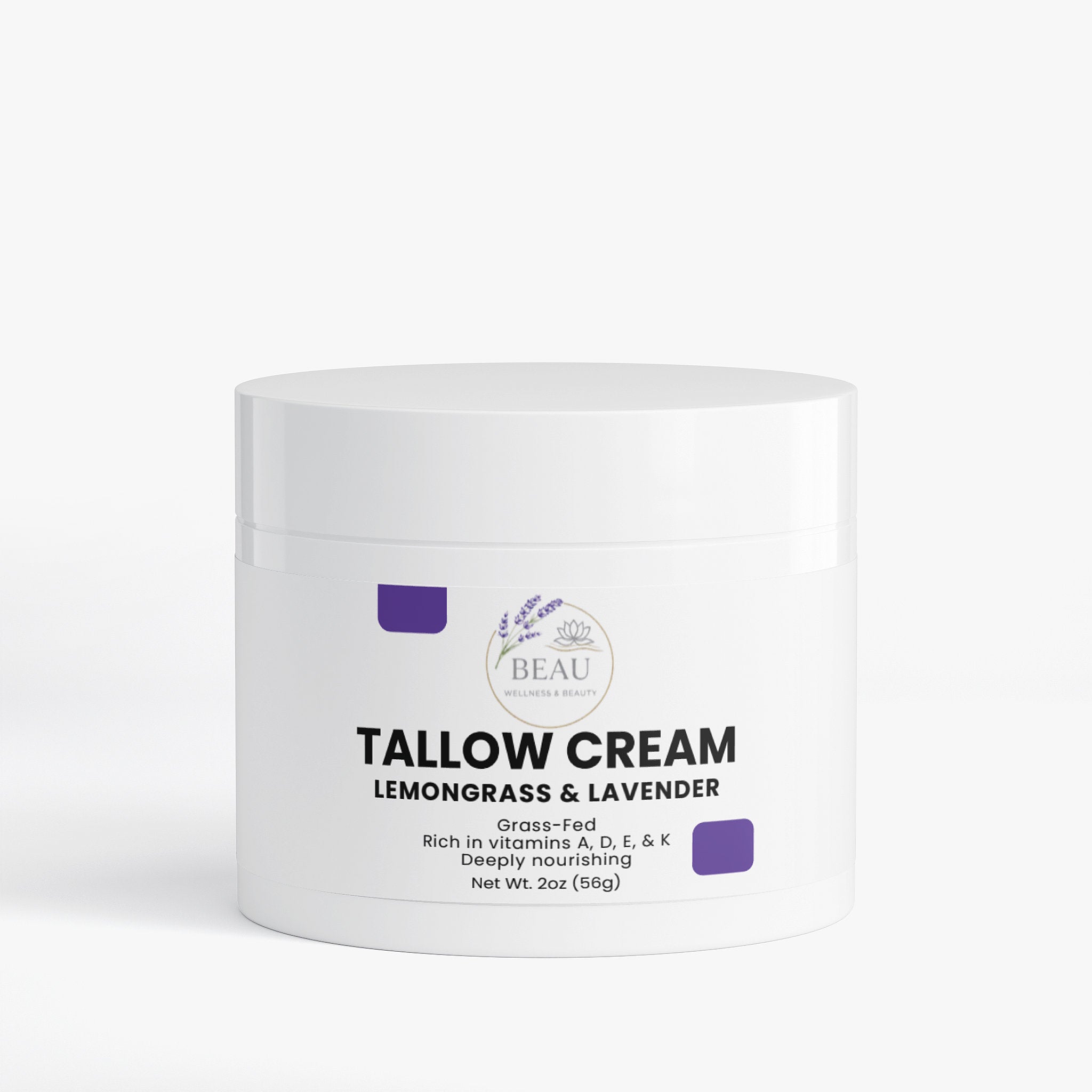 Beau Wellness & Beauty tallow cream with lemongrass & lavender in a 2oz container with 'BEAU' branding on a white background