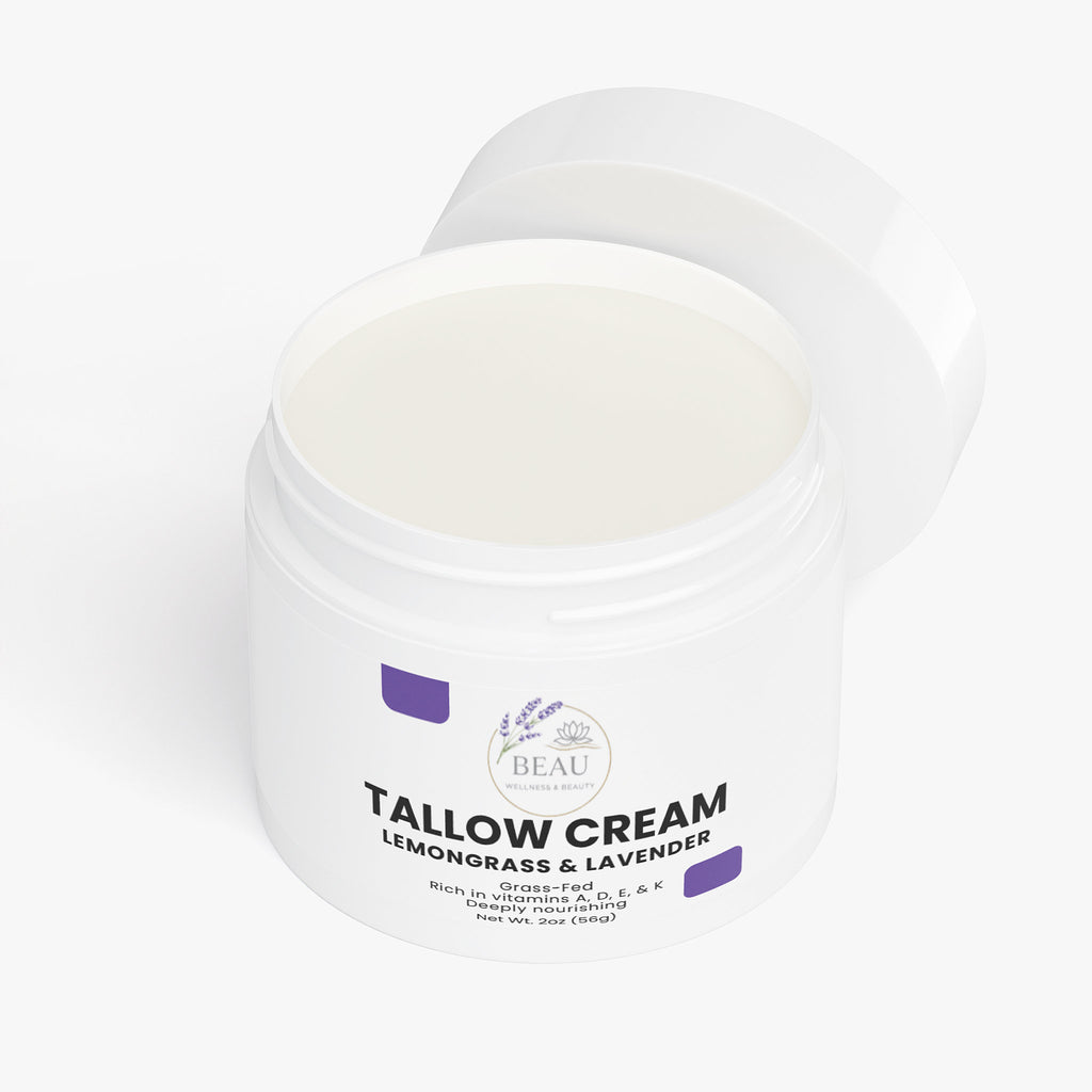 tallow cream 2 oz jar labeled 'BEAU' Wellness & Beauty logo with lemongrass and lavender on a white background